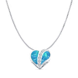 Lab Created Blue Opal & CZ Heart Pendant Box Chain Necklace 925 Sterling Silver