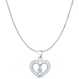 Lab Created White Opal Heart Charm CZ Pendant Box Chain Necklace 925 Sterling Silver
