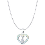 Lab Created White Opal Heart Charm CZ Pendant Bead Chain Necklace 925 Sterling Silver