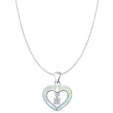 Lab Created White Opal Heart Charm CZ Pendant Cable Chain Necklace 925 Sterling Silver