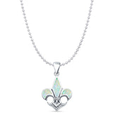 Lab Created White Opal Fleur De Lis Pendant Bead Chain Necklace 925 Sterling Silver