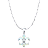 Lab Created White Opal Fleur De Lis Pendant Bead Chain Necklace 925 Sterling Silver