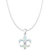 Lab Created White Opal Fleur De Lis Pendant Rolo Chain Necklace 925 Sterling Silver