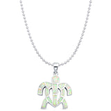 Lab Created White Opal Turtle Pendant Bead Chain Necklace 925 Sterling Silver