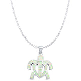 Lab Created White Opal Turtle Pendant Rolo Chain Necklace 925 Sterling Silver