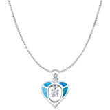 Lab Created Blue Opal & CZ Heart Charm Pendant Box Chain Necklace 925 Sterling Silver