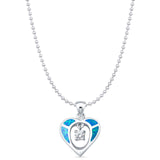 Lab Created Blue Opal & CZ Heart Charm Pendant Bead Chain Necklace 925 Sterling Silver
