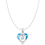 Lab Created Blue Opal & CZ Heart Charm Pendant Cable Chain Necklace 925 Sterling Silver