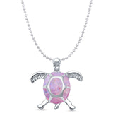 Lab Created Pink Opal Turtle Pendant Bead Chain Necklace 925 Sterling Silver