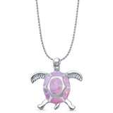Lab Created Pink Opal Turtle Pendant Rope Chain Necklace 925 Sterling Silver