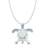 Lab Created White Opal Turtle Pendant Bead Chain Necklace 925 Sterling Silver