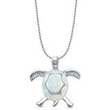 Lab Created White Opal Turtle Pendant Rope Chain Necklace 925 Sterling Silver