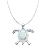 Lab Created White Opal Turtle Pendant Rolo Chain Necklace 925 Sterling Silver
