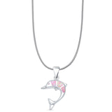Lab Created Pink Opal Dolphin Pendant Snake Chain Necklace 925 Sterling Silver