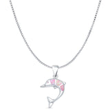 Lab Created Pink Opal Dolphin Pendant Box Chain Necklace 925 Sterling Silver