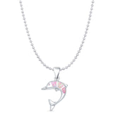 Lab Created Pink Opal Dolphin Pendant Bead Chain Necklace 925 Sterling Silver
