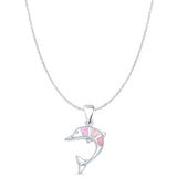 Lab Created Pink Opal Dolphin Pendant Cable Chain Necklace 925 Sterling Silver