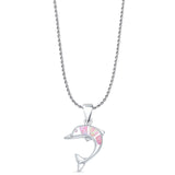 Lab Created Pink Opal Dolphin Pendant Rope Chain Necklace 925 Sterling Silver