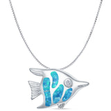 Lab Created Blue Opal Angel Fish Pendant Box Chain Necklace 925 Sterling Silver