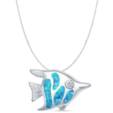 Lab Created Blue Opal Angel Fish Pendant Cable Chain Necklace 925 Sterling Silver
