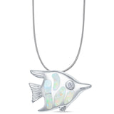 Lab Created White Opal Angel Fish Pendant Snake Chain Necklace 925 Sterling Silver
