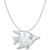Lab Created White Opal Angel Fish Pendant Box Chain Necklace 925 Sterling Silver