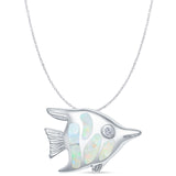 Lab Created White Opal Angel Fish Pendant Cable Chain Necklace 925 Sterling Silver