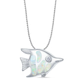 Lab Created White Opal Angel Fish Pendant Rope Chain Necklace 925 Sterling Silver