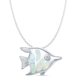 Lab Created White Opal Angel Fish Pendant Rolo Chain Necklace 925 Sterling Silver
