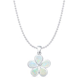 Lab Created White Opal Plumeria Pendant Bead Chain Necklace 925 Sterling Silver