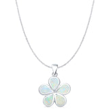 Lab Created White Opal Plumeria Pendant Cable Chain Necklace 925 Sterling Silver
