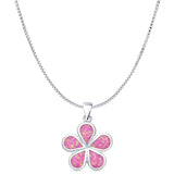Lab Created Pink Opal Plumeria Pendant Box Chain Necklace 925 Sterling Silver