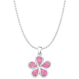 Lab Created Pink Opal Plumeria Pendant Bead Chain Necklace 925 Sterling Silver