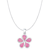 Lab Created Pink Opal Plumeria Pendant Cable Chain Necklace 925 Sterling Silver