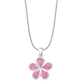 Lab Created Pink Opal Plumeria Pendant Rope Chain Necklace 925 Sterling Silver