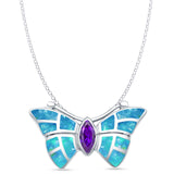 Lab Created Blue Opal & Amethyst CZ Butterfly Pendant Rolo Chain Necklace 925 Sterling Silver