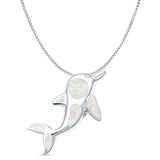 Lab Created White Opal Dolphin Pendant Box Chain Necklace 925 Sterling Silver