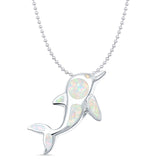 Lab Created White Opal Dolphin Pendant Bead Chain Necklace 925 Sterling Silver