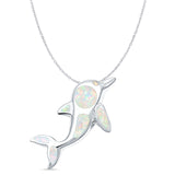 Lab Created White Opal Dolphin Pendant Cable Chain Necklace 925 Sterling Silver