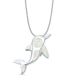 Lab Created White Opal Dolphin Pendant Rope Chain Necklace 925 Sterling Silver