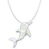 Lab Created White Opal Dolphin Pendant Rolo Chain Necklace 925 Sterling Silver