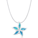 Lab Created Blue Opal Flower Pendant Bead Chain Necklace 925 Sterling Silver