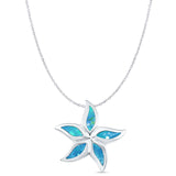 Lab Created Blue Opal Flower Pendant Cable Chain Necklace 925 Sterling Silver