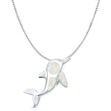 Lab Created White Opal Dolphin Pendant Box Chain Necklace 925 Sterling Silver
