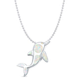 Lab Created White Opal Dolphin Pendant Bead Chain Necklace 925 Sterling Silver
