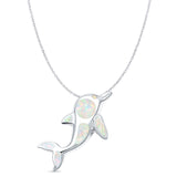 Lab Created White Opal Dolphin Pendant Cable Chain Necklace 925 Sterling Silver