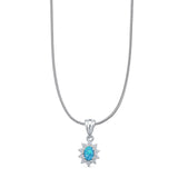Lab Created Blue Opal &  CZ Floral Pendant Snake Chain Necklace 925 Sterling Silver