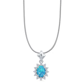 Oval Lab Created Blue Opal &  CZ Floral Pendant Snake Chain Necklace 925 Sterling Silver