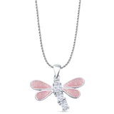 Lab Created Pink Opal & CZ Dragonfly Pendant Rope Chain Necklace 925 Sterling Silver
