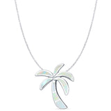 Lab Created White Opal Palm Tree Pendant Cable Chain Necklace 925 Sterling Silver